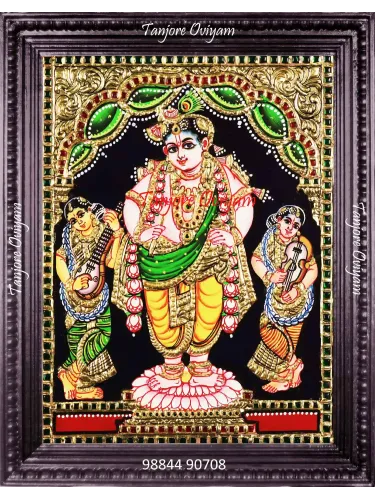 Vithobha Krishna Tanjore painting with lotus pedestal, gold and traditional devotional detailing